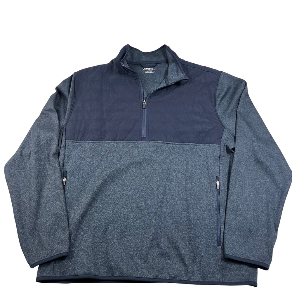 UNTUCKit Mens Large Quarter Zip Pullover Mixed Media Quilted Navy‎ Grey Jacket